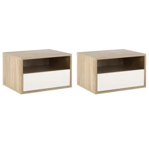 Oigger Set 2 Comodini Sospesi con Cassetto e Ripiano 45x35x27.5cm - Bianco e Color Legno