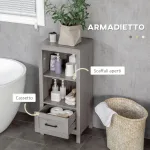 Mobiletto Bagno Salvaspazio con Ripiani e Cassetto in Legno