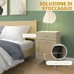 Set 2 Comodini per Camera da Letto con Cassetto e Anta in Rattan Stile Boho