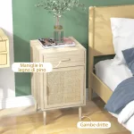 Set 2 Comodini per Camera da Letto con Cassetto e Anta in Rattan Stile Boho