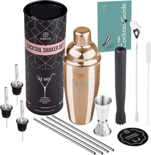 Shaker Cocktail Set Barman Professionale 750ml Acciaio Inox Completo Kit Accessori Papuya RE MIX ORO ROSA