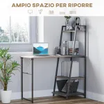 Scrivania Pieghevole con Libreria Salvaspazio a 4 Livelli in Metallo Nero e Legno Grigio