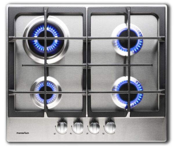 PremierTech Piano Cottura a Gas 4 fuochi da 60cm in Acciaio Inox 56x48 cm Griglie in Ghisa