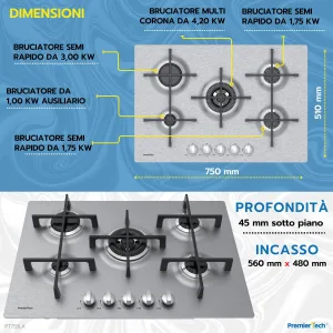 PremierTech® PremierTech Piano cottura a gas 5 fuochi 75cm Inox Luxury PT755LX