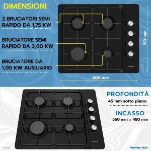 PremierTech® PremierTech Piano cottura a gas 60cm 4 fuochi Nero P460BL