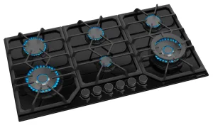 PremierTech PC906G Piano Cottura a Gas a 6 fuochi da 90cm doppio Wok in Vetro Nero
