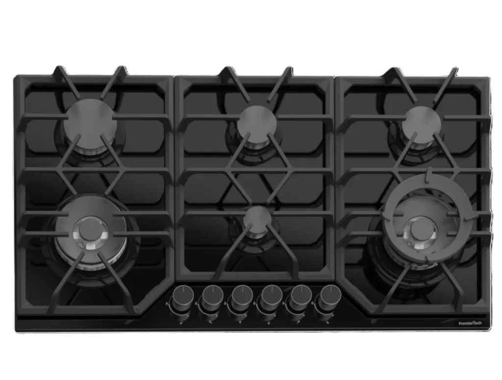 PremierTech PC906G Piano Cottura a Gas a 6 fuochi da 90cm doppio Wok in Vetro Nero