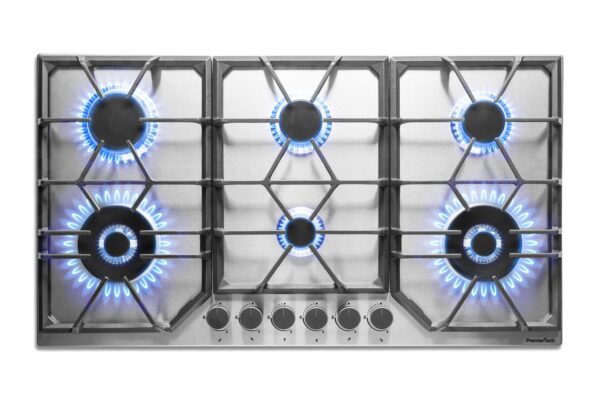 PremierTech PC906 Piano Cottura a Gas a 6 fuochi da 90 cm doppio Wok in Acciaio Inox