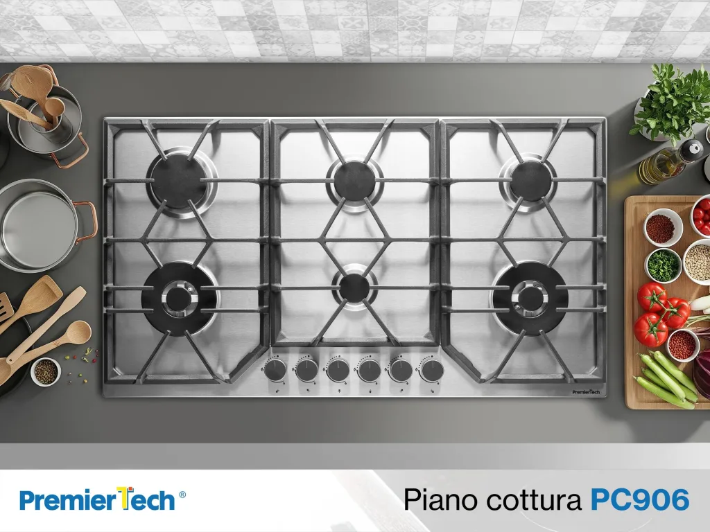 PremierTech PC906 Piano Cottura a Gas a 6 fuochi da 90 cm doppio Wok in Acciaio Inox