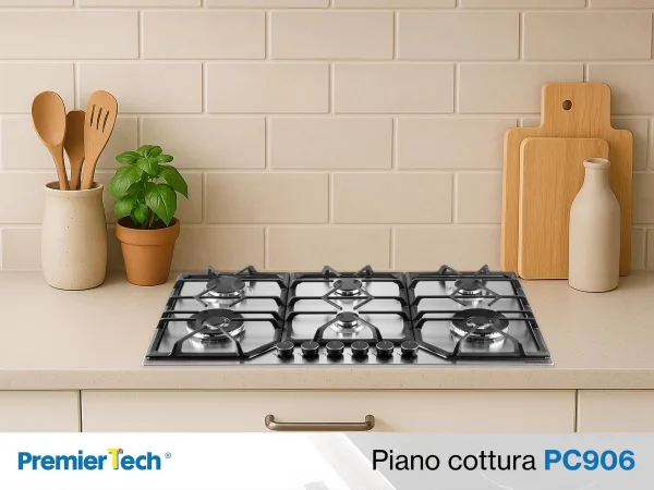 PremierTech PC906 Piano Cottura a Gas a 6 fuochi da 90 cm doppio Wok in Acciaio Inox