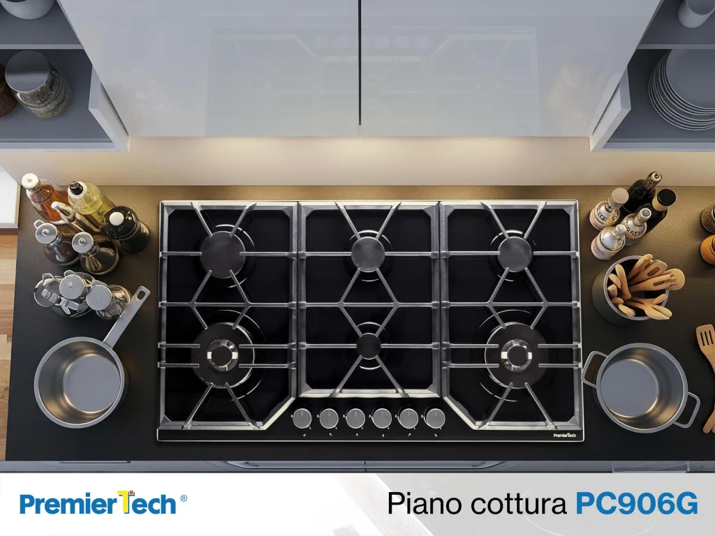 PremierTech PC906G Piano Cottura a Gas a 6 fuochi da 90cm doppio Wok in Vetro Nero