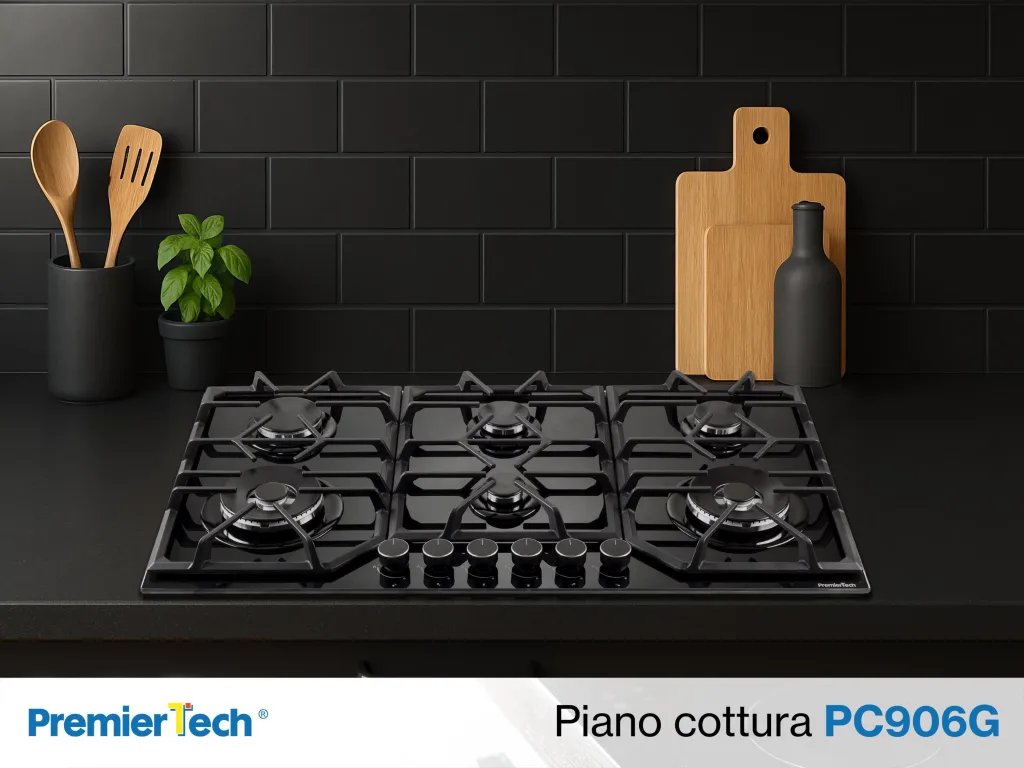PremierTech PC906G Piano Cottura a Gas a 6 fuochi da 90cm doppio Wok in Vetro Nero
