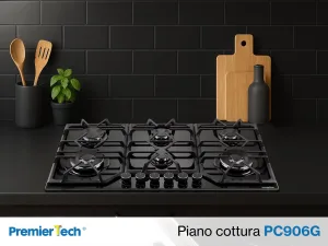 PremierTech PC906G Piano Cottura a Gas a 6 fuochi da 90cm doppio Wok in Vetro Nero