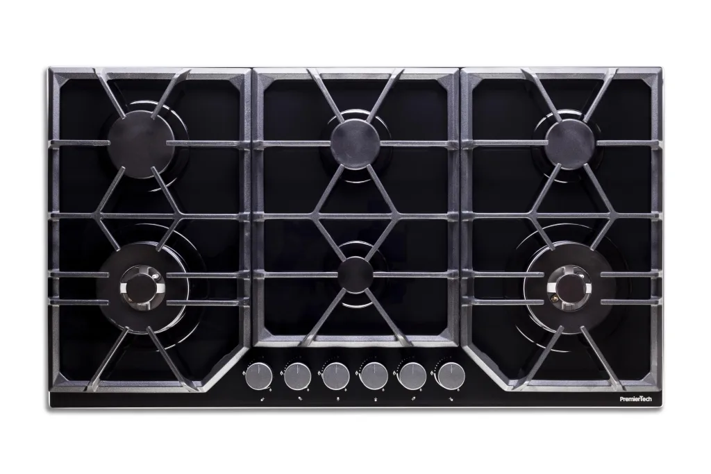 PremierTech PC906G Piano Cottura a Gas a 6 fuochi da 90cm doppio Wok in Vetro Nero