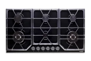PremierTech PC906G Piano Cottura a Gas a 6 fuochi da 90cm doppio Wok in Vetro Nero