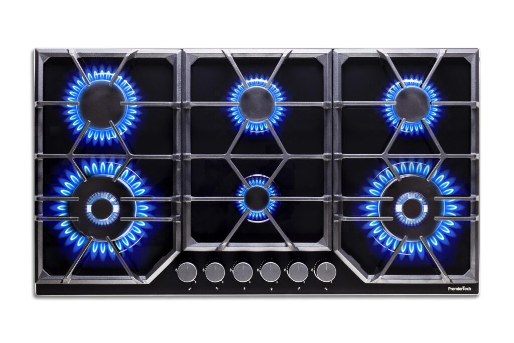 PremierTech PC906G Piano Cottura a Gas a 6 fuochi da 90cm doppio Wok in Vetro Nero