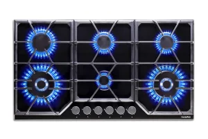 PremierTech PC906G Piano Cottura a Gas a 6 fuochi da 90cm doppio Wok in Vetro Nero