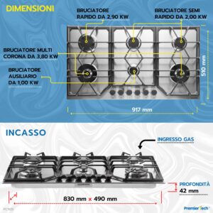 PremierTech PC906 Piano Cottura a Gas a 6 fuochi da 90 cm doppio Wok in Acciaio Inox