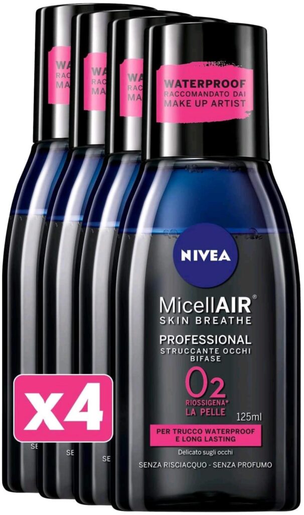 4 x 125ml Nivea Micellair Soluzione Struccante Occhi Bifase Professionale Acqua Micellare