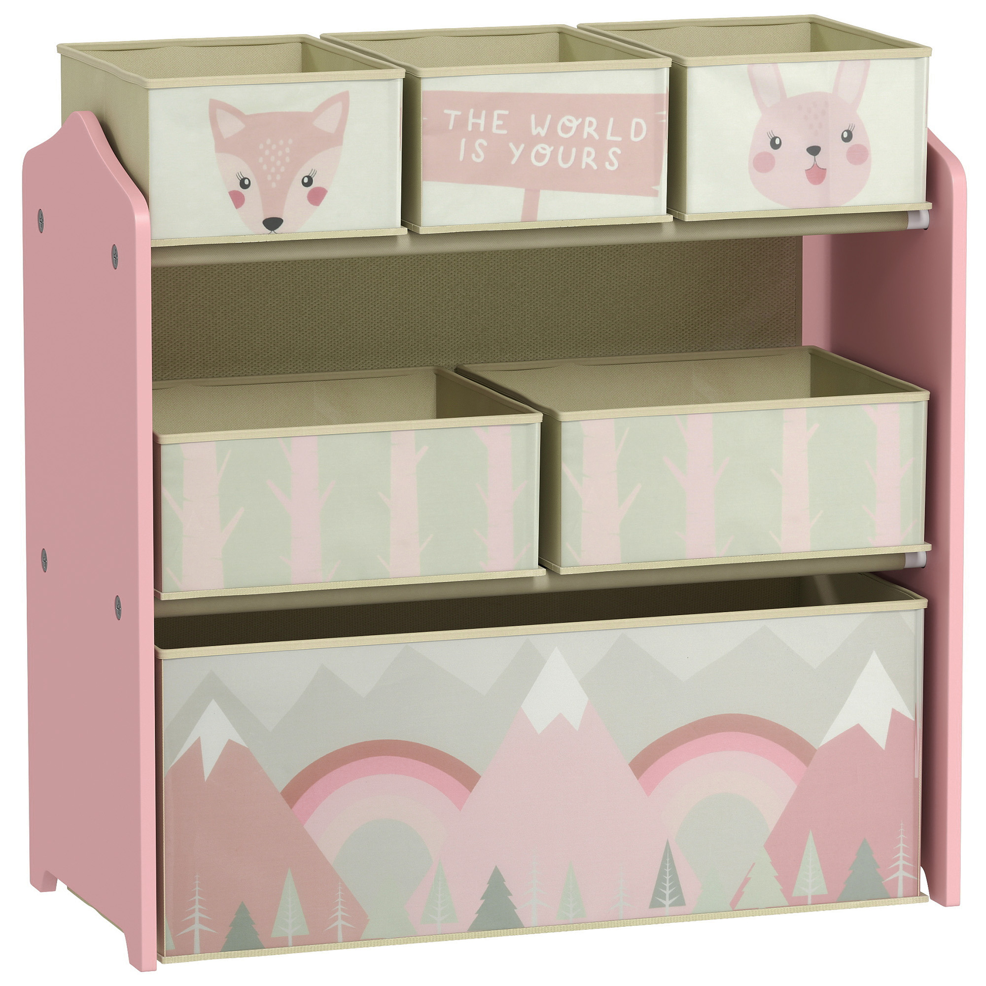 Scaffale Portagiochi Per Bambini Con 6 Contenitori Rimovibili In Tessuto, 63x30x66cm, Rosa