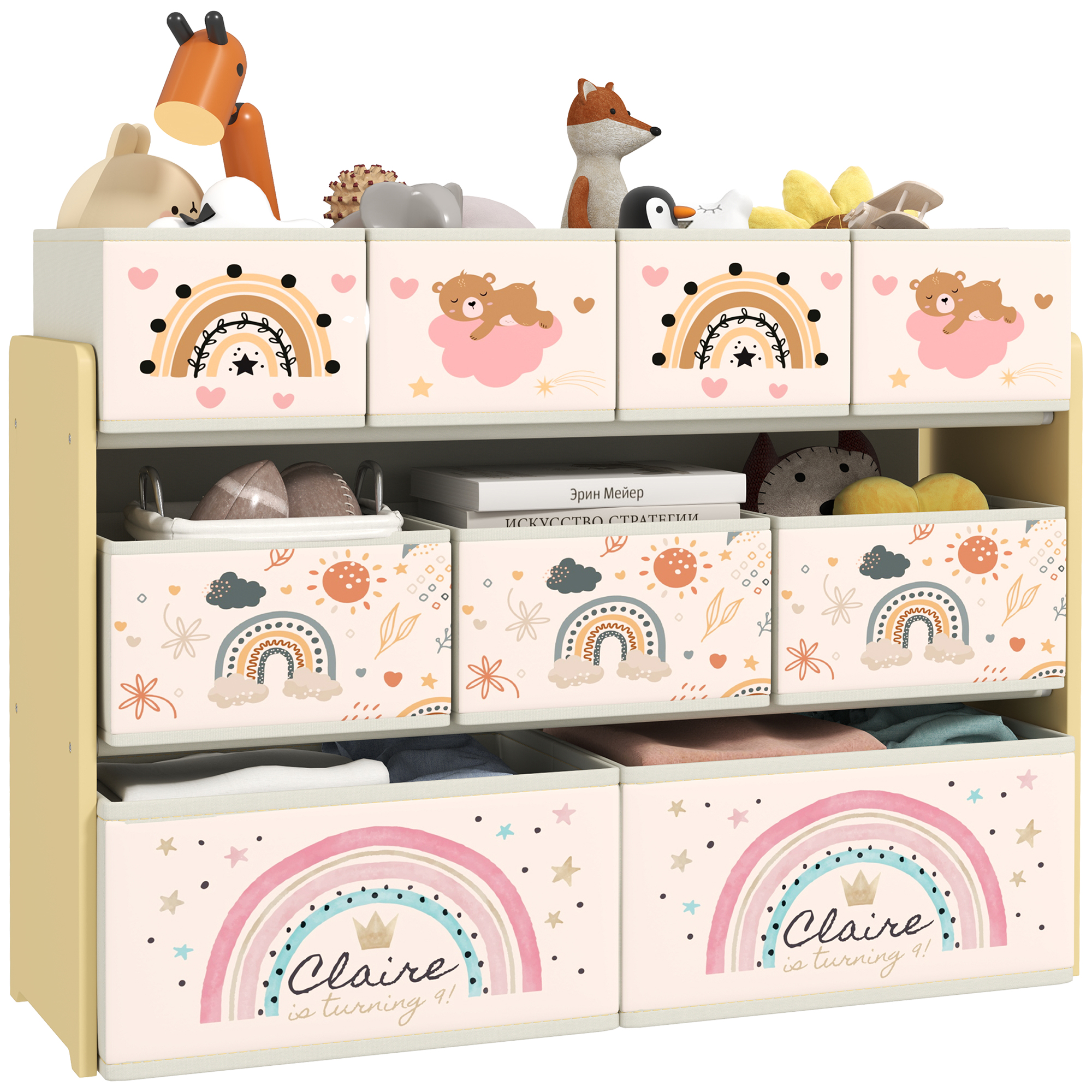 Mobile Portagiochi Per Bambini A 3 Livelli Con 9 Contenitori In Tessuto, 93x30x70 Cm, Giallo