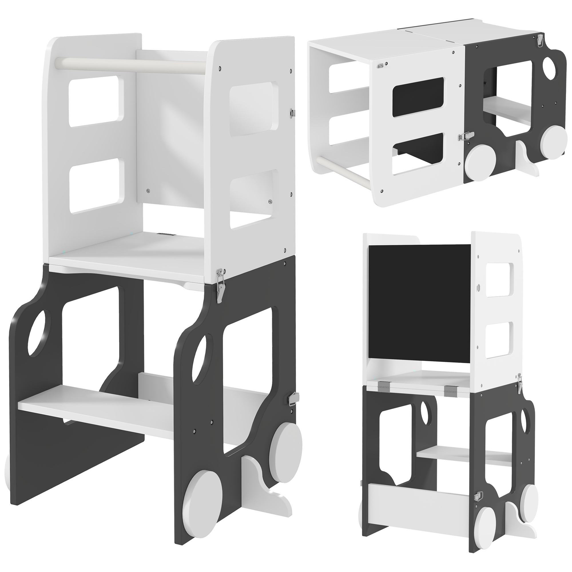 Scala Montessori 4 In 1 Per Bambini Con 2 Lavagne E Set Tavolo E Sedia, In Legno, 58x46x92 Cm, Bianco
